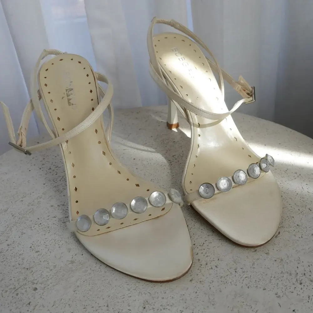 ivory strappy heels | y2k vintage bcbg ankle strap jeweled heel sandals 8 - Picture 5 of 6